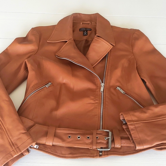 AQUA 100% Genuine leather jacket in camel sz L - Picture 8 of 12